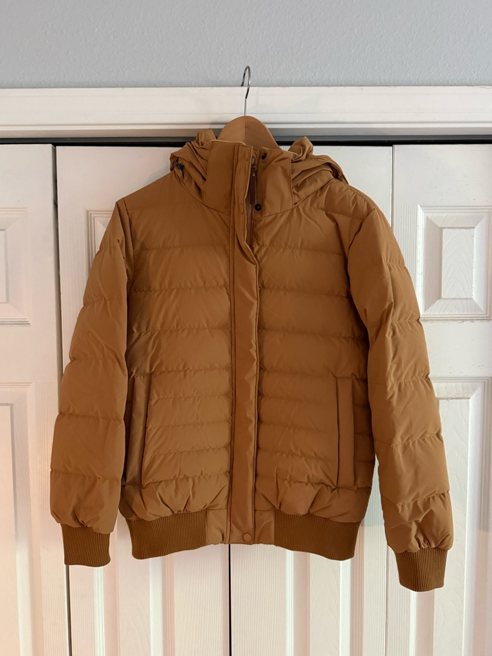 Prana Women's Hooded Puffer Jacket in Camel Brown